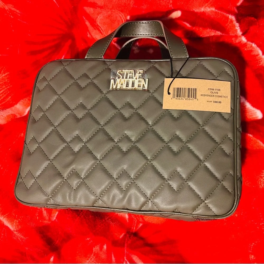 Steve Madden Logo Quilted Weekender Cosmetic Case- Olive - Picture 2 of 4